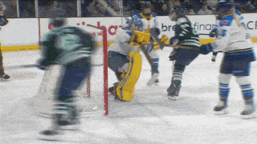 a hockey game is being played in front of a sign that says ' finals '