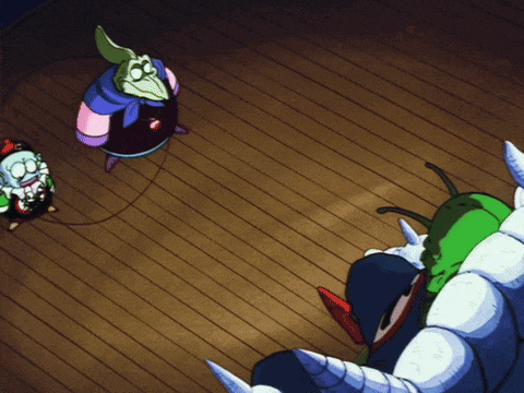 a group of cartoon characters standing on a wood floor