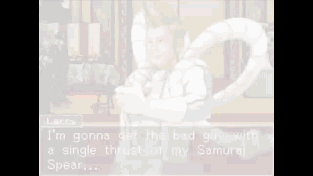 a pixel art of a man in a white suit with a long tail