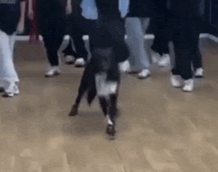 a group of people are dancing together on a wooden floor in a dance studio .