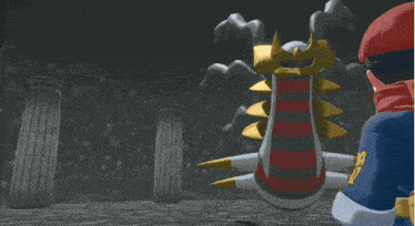 a man in a red cape stands in front of a giant monster