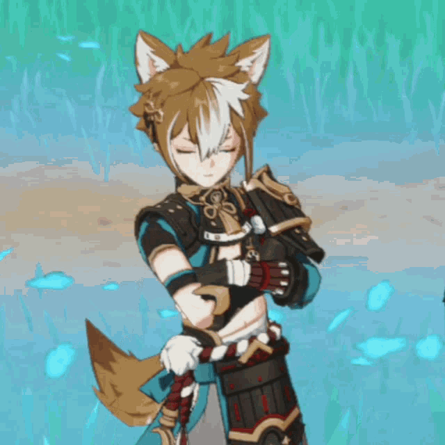 a cartoon character with a wolf 's tail is standing in a field with his eyes closed