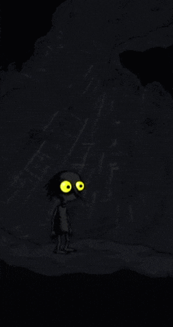 a cartoon character with yellow eyes is standing on a cliff in the dark .