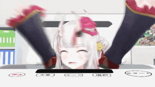 a girl with a flower in her hair is sitting in front of a machine with chinese writing on it