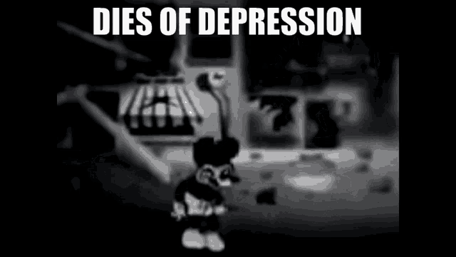 a black and white photo of a cartoon character with the words dies of depression written above him .