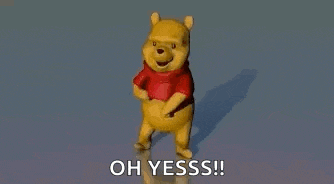 winnie the pooh is dancing in a red shirt and says `` oh yesss ! ''