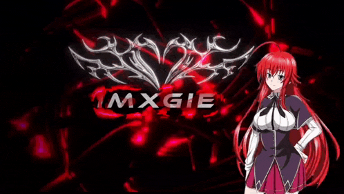 a girl with red hair stands in front of a logo for imxgie