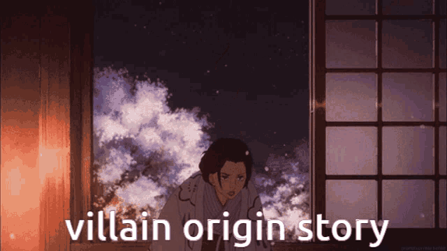 a cartoon of a woman looking out of a window with the words villain origin story below her