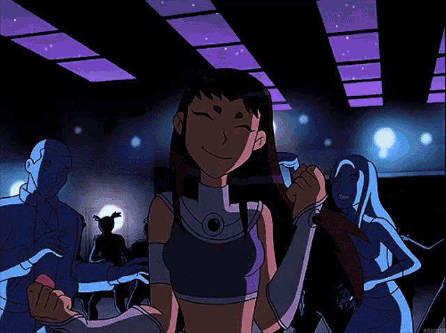 a cartoon drawing of a girl with a purple top and gloves dancing