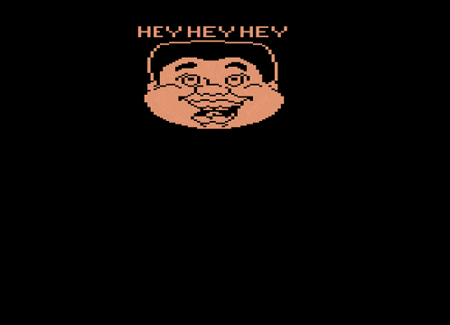 a pixel art of a smiling face with the words hey hey hey above it