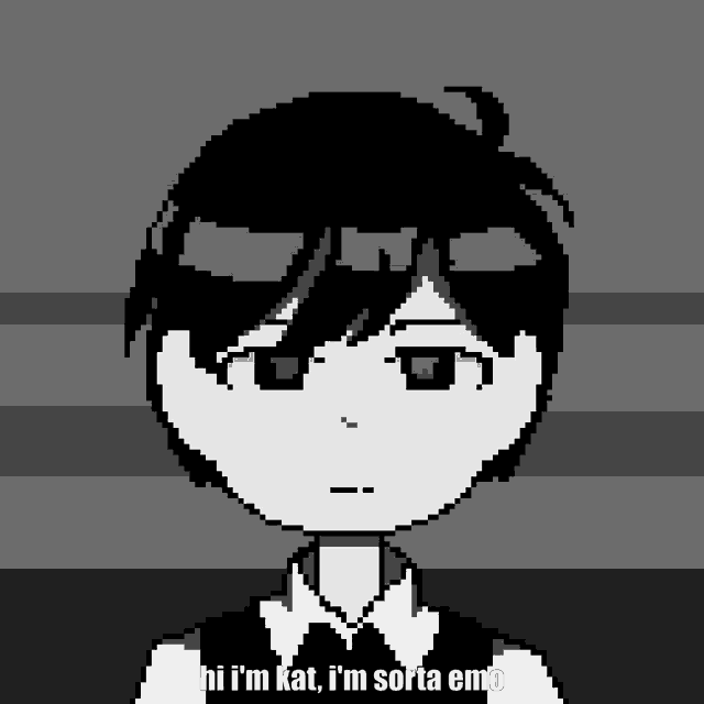 a pixel art drawing of a boy with the words hi i 'm kat i 'm sorta emo