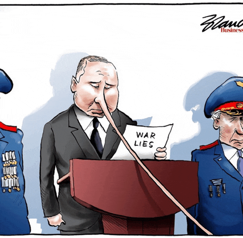 a cartoon of a man giving a speech with a piece of paper that says war lies