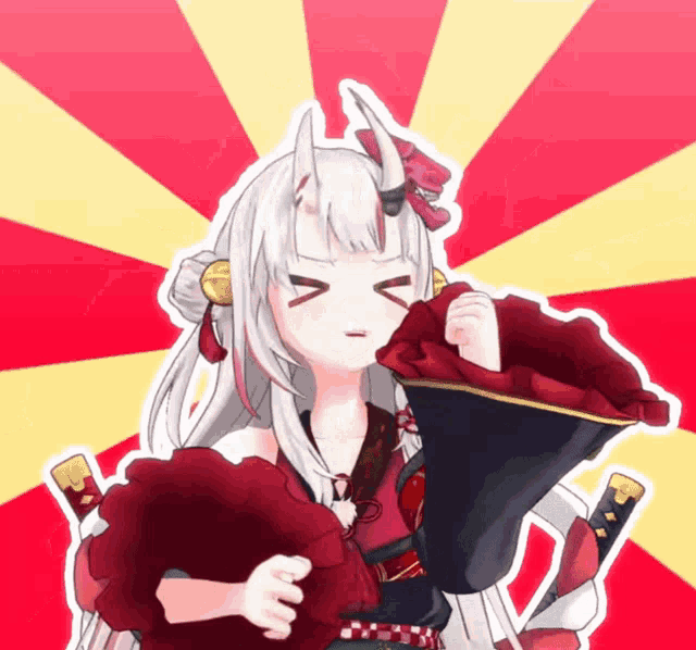a cartoon character with white hair and horns is holding a red item