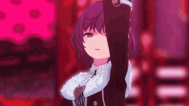 a girl with purple hair and blue eyes is standing in front of a pink background with her arm in the air .