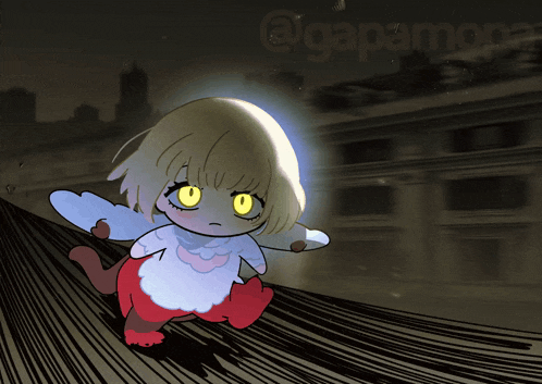 a cartoon drawing of a girl with yellow eyes and the name gapamona