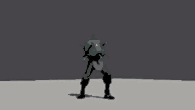 a 3d model of a robot with a backpack on its back is standing on a grey surface .