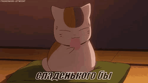 a cartoon cat is sitting on a green pillow and says " сладкого бы " in russian