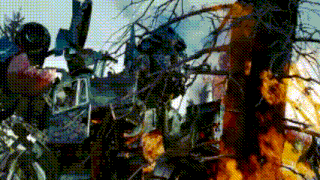 a painting of a burning forest with a helicopter in the background .