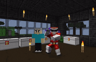 two minecraft characters standing next to each other in a dark room