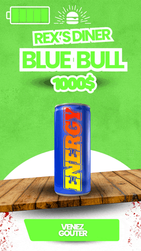 a can of rex 's diner blue bull energy drink on a wooden table