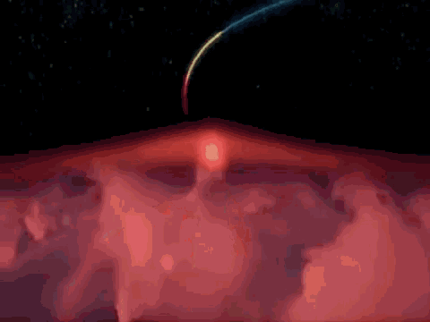 a computer generated image of a red planet with a black hole coming out of it