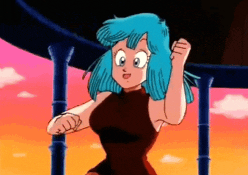 a cartoon girl with blue hair and a black dress is standing in front of a building .