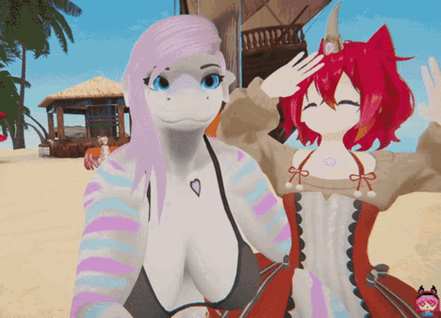 a couple of anime characters standing on a beach