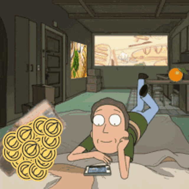 a cartoon of a man laying on a bed looking at a cell phone