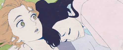 a drawing of two women laying next to each other with one looking surprised