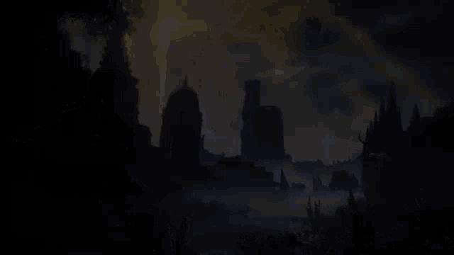 a castle in the middle of a dark forest with lightning coming from the sky