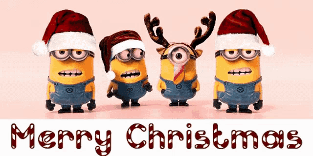 a group of minions wearing santa hats with the words merry christmas written below them
