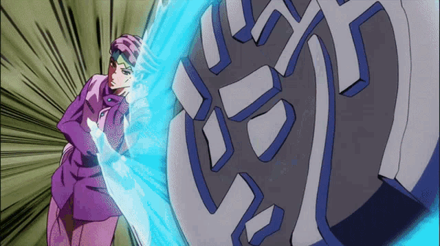 a cartoon character in a purple suit is standing in front of a wheel