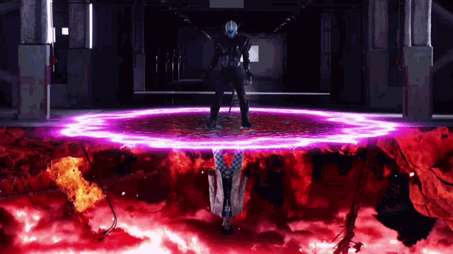 a man is standing in a circle of fire