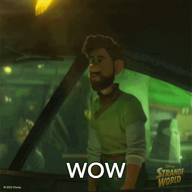 a strange world poster with a man in a green shirt