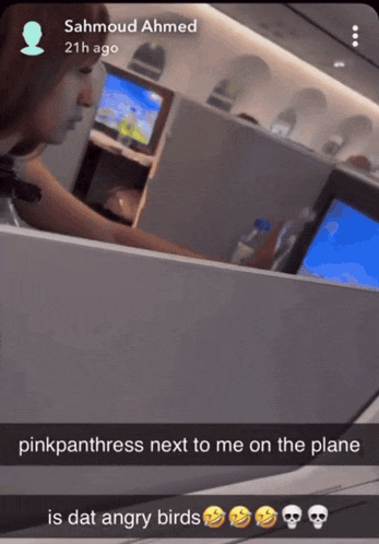 a snapchat of sahmoud ahmed next to a woman on an airplane