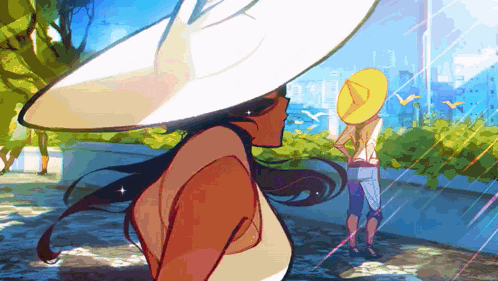 a woman wearing a white hat and a yellow hat