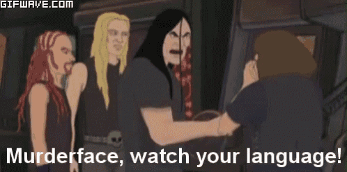 a cartoon of a man shaking hands with another man with the words murderface watch your language