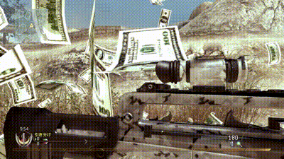 a video game screen shows a sniper aiming at a pile of money flying in the air