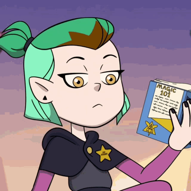 a cartoon character reading a book titled magic 101
