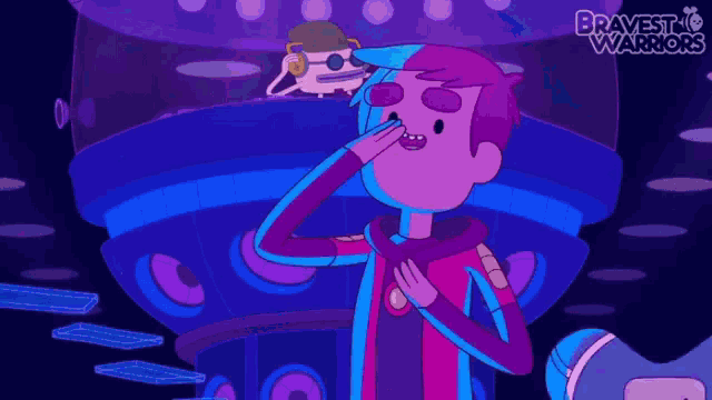 a purple and blue cartoon character with the words bravest warriors written on the bottom