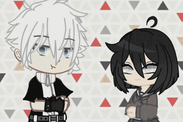a boy and a girl are standing next to each other on a triangle background