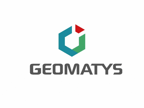 a logo for geomatys shows a blue and green geometric shape