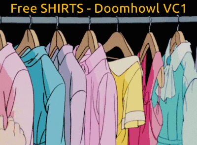 a row of shirts hanging on a rack with the words free shirts - doomhowl vc1