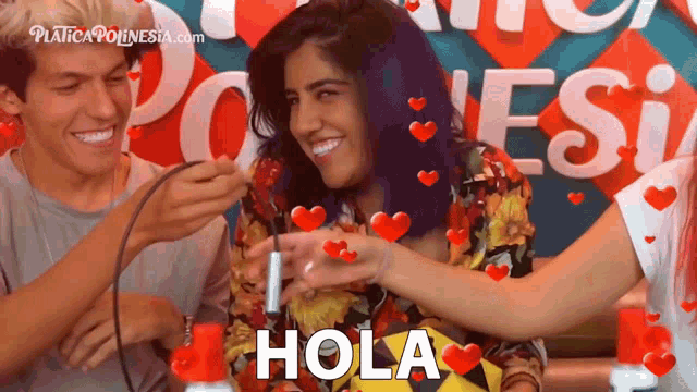 a woman with blue hair is surrounded by hearts and the words hola