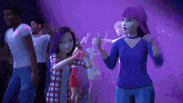 a couple of cartoon characters standing next to each other in front of a crowd .