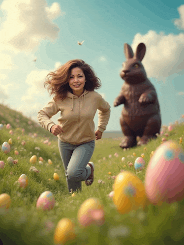 a woman is running in a field of easter eggs with a chocolate bunny in the background