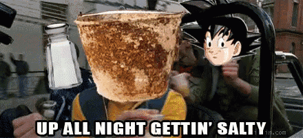 a cartoon of a boy with a salt and pepper shaker on his head and the words up all night gettin salty