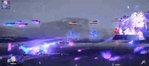 a video game is being played with purple and blue lights coming out of it