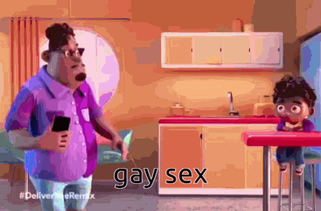 a cartoon of a man holding a cell phone with the word gay sex on the bottom right