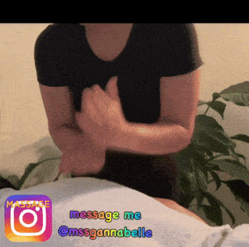 a woman in a black shirt is giving a massage with the words message me @mssgannabelle below her